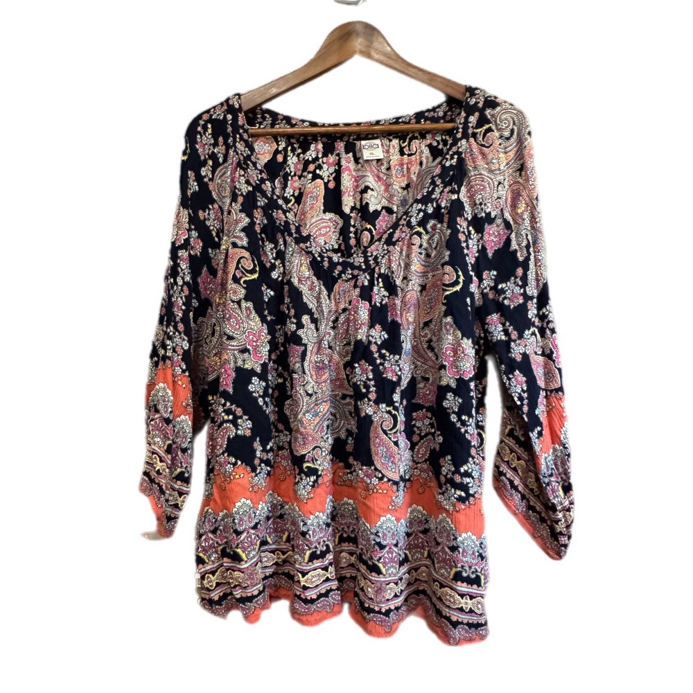 Bila Paisley Blouse Womens XL Navy Orange Boho V-Neck Rayon Excellent 3/4 Sleeve